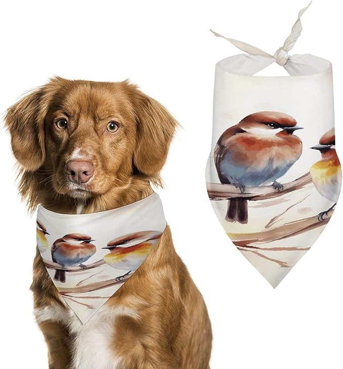 Dog Bandana Spring Pet Scarf Adjustable Triangle Birds Resting on Tree Branch Printing Dog Bib Washable Polyester Puppy Bandana for Small Medium Large Dogs Cat Birthday Party Supplies