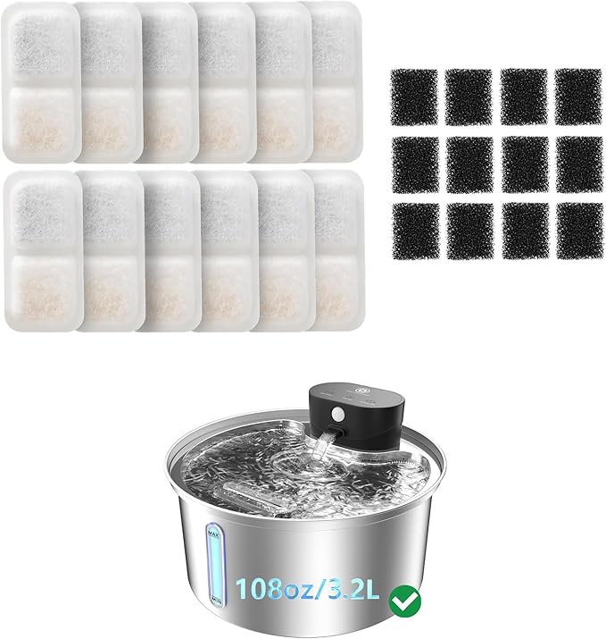 12 Pack Cat Water Fountain Filter & 12 Pack Pump Filter Sponges Replacement for [PF03] - 12 Filters + 12 Sponges