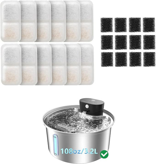 12 Pack Cat Water Fountain Filter & 12 Pack Pump Filter Sponges Replacement for [PF03] - 12 Filters + 12 Sponges