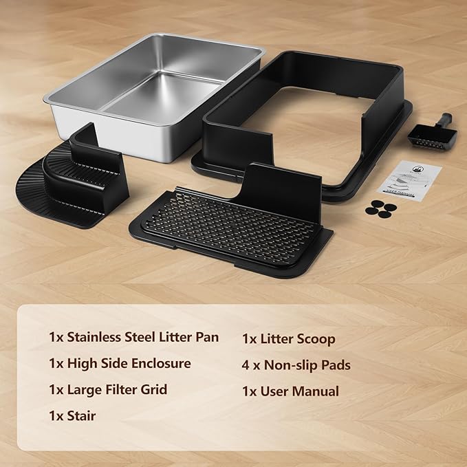 XXXL Stainless Steel Litter Box, 28"x20"x12" Extra Large Semi Enclosed High Sided Metal Cat Litter Box with Filtered Grid, Step, Scoop, Non-Sticky, Non-Odor, Easy Cleaning (Black)