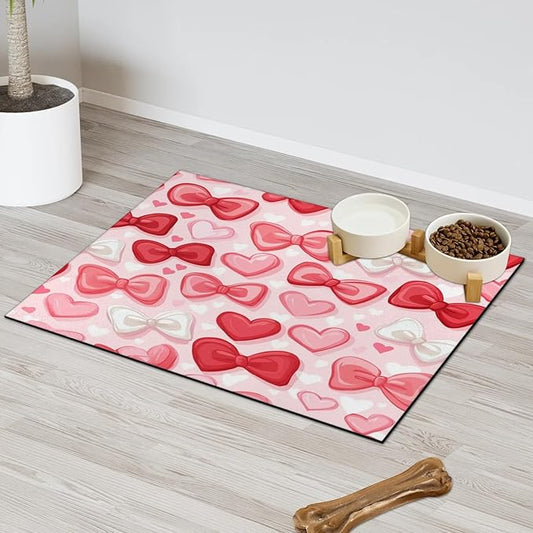 Cute Bow Dog Food Mat for Floors Absorbent, Quick Dry Water Dispenser Mat for Food, Water, Pet Supplies 12" x 20", Love