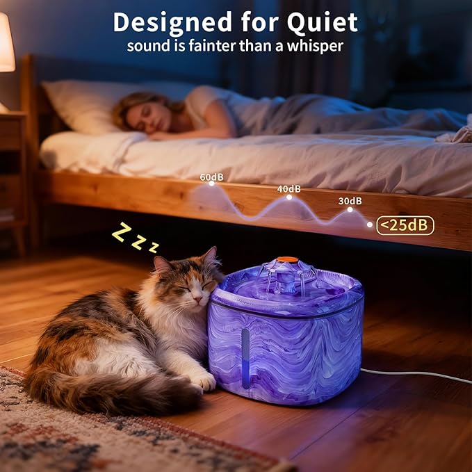 Cat Water Fountain Purple Cute: 84oz/2.5L Automatic Pet Water Fountain for Cats Indoor, Flower Kitty Spout Fountain & LED Blue Light, Upgraded Ultra Quiet Pump, Gifts for Cats, Dogs (2Filters)
