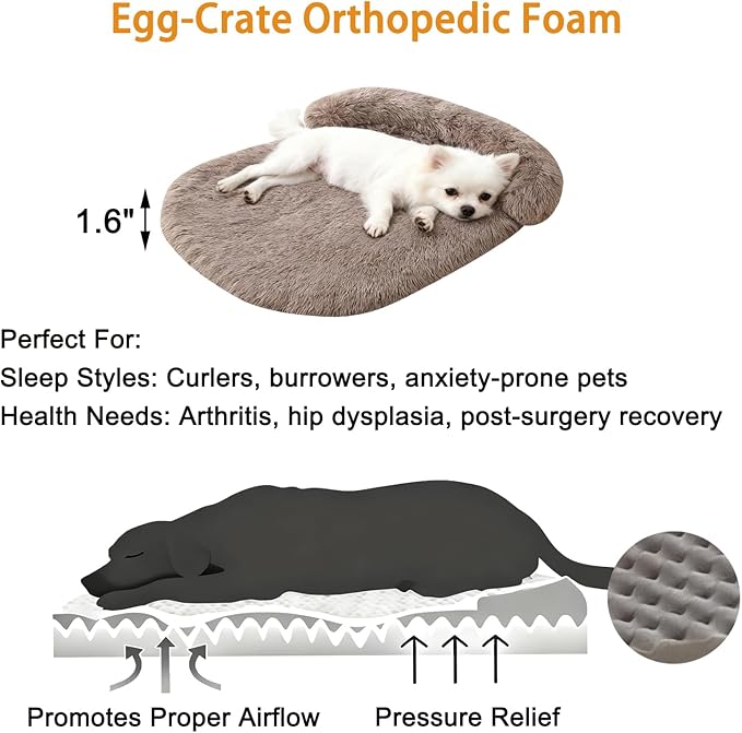 Calming Dog Beds for Medium Large Dogs, Orthopedic Cushion Plush Dogs Lounge Couch Sofa with Washable Removable Cover, Anti-Anxiety Soft Faux Fur Fits up to 40 lbs Pets (Oval, Brown 32"x24")