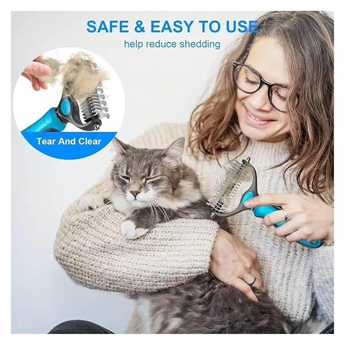 2in1 Stainless Pet Deshedding Brush Dog Hair Remover Pet Fur Knot Cutter Puppy Cat Comb Brushes Dogs Grooming Shedding Supplies(Blue-02)