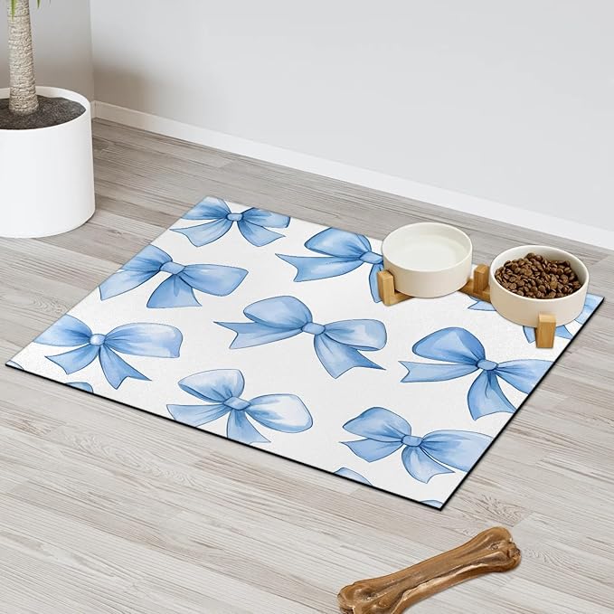 Blue Bowk Dog Food Mat for Floors Absorbent, Quick Dry Water Dispenser Mat for Food, Water, Pet Supplies 17" x 30", Cute Bowknot