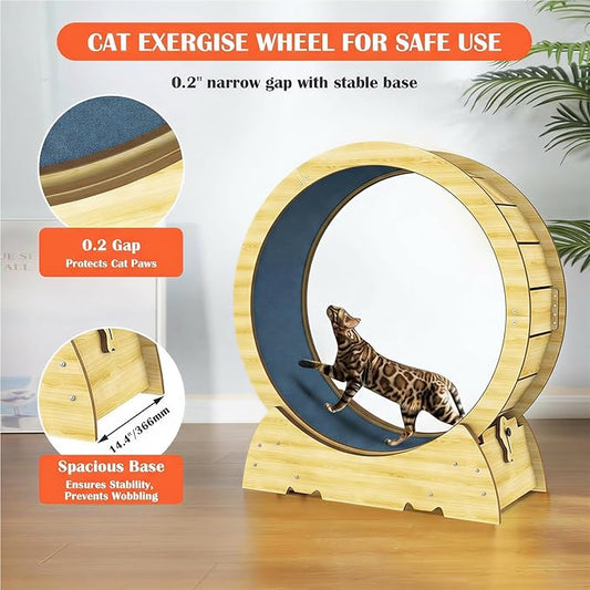 Cat Exercise Wheel for Indoor Cats - Cat Treadmill Wheel with Detachable Carpeted Runway - Natural Solid Wood Sturdy Running Wheel for Running/Walking/Training - Suitable for Most Cats, 36"