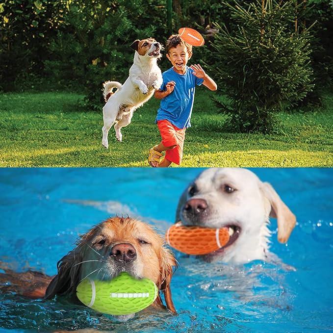 AUSCAT 2PCS Squeaky Dog Football Toy, Dog Chew Toy, Tough Rubber Dog Ball for Small Medium Dogs, Green and Orange, Small Size, 4.1''