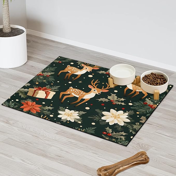 Cute Deer Dog Food Mat for Floors Absorbent, Quick Dry Water Dispenser Mat for Food, Water, Pet Supplies 12" x 20", Christmas Flower