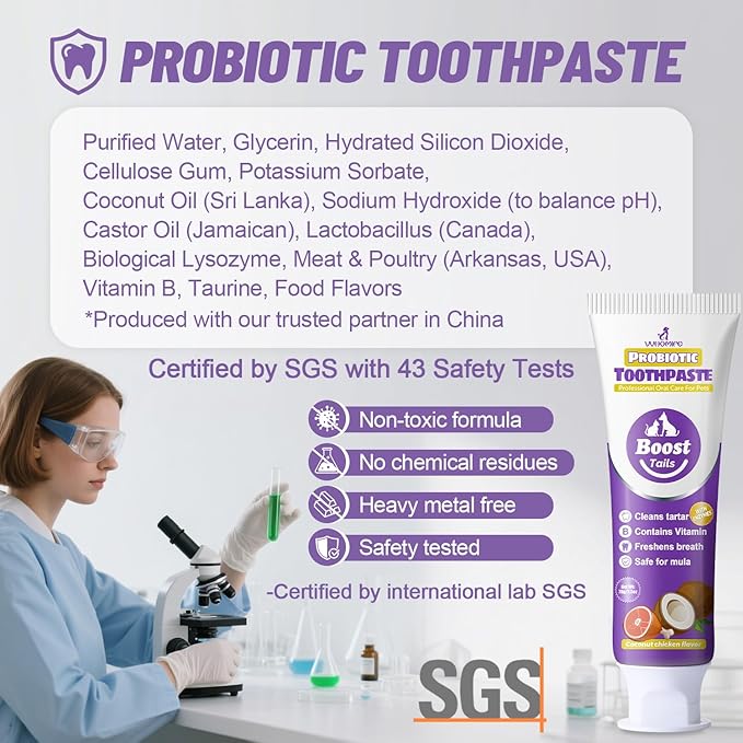 Natural Coconut Oil Cat & Dog Toothpaste.Enzymatic & Probiotic Formula with VitaminB. Gently Reduces Plaque, Tartar & Bad Breath. SGS Certified – Passed 43 Safety Tests. 3.52oz–Coconut Chicken Flavor