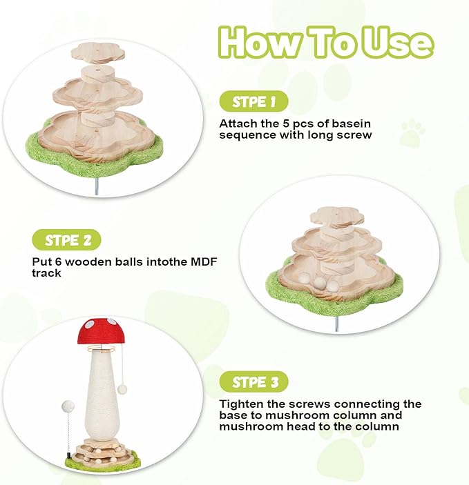Mushroom Cat Scratching Post Cat Tree, Cute Cat Scratcher Tower with Interactive Ball Two-Layer Track Spring Ball Toys, Mushroom Scratch Post Cat Sisal Scratcher with Catnip for Indoor Cats
