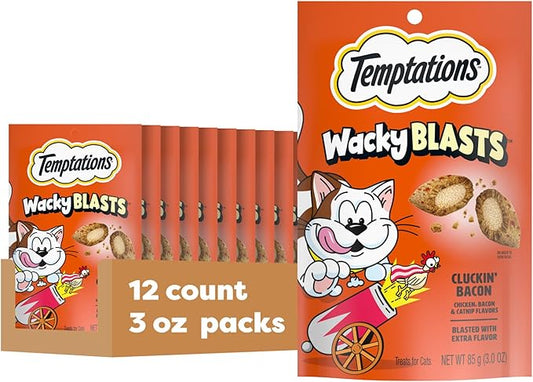 Temptations Cat Treats Wacky Blasts, Cluckin’ Bacon Flavor, 3 oz. Pouch (Pack of 12)