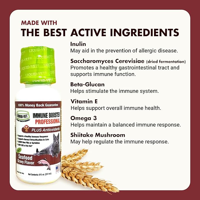 LIQUID-VET Immune Support for Cats – Daily Formula with Inulin, Beta-Glucan, Vitamin E, Omega-3s, Fermented Yeast & More! - Made for Picky Eaters