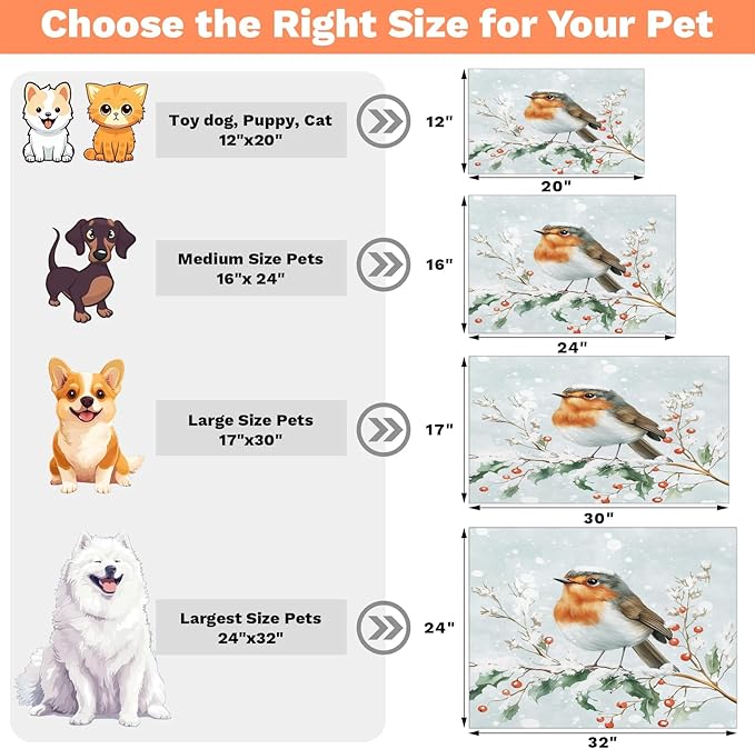 Winter Bird Dog Food Mat for Floors Absorbent, Quick Dry Water Dispenser Mat for Food, Water, Pet Supplies 12" x 20", Xmas Holly
