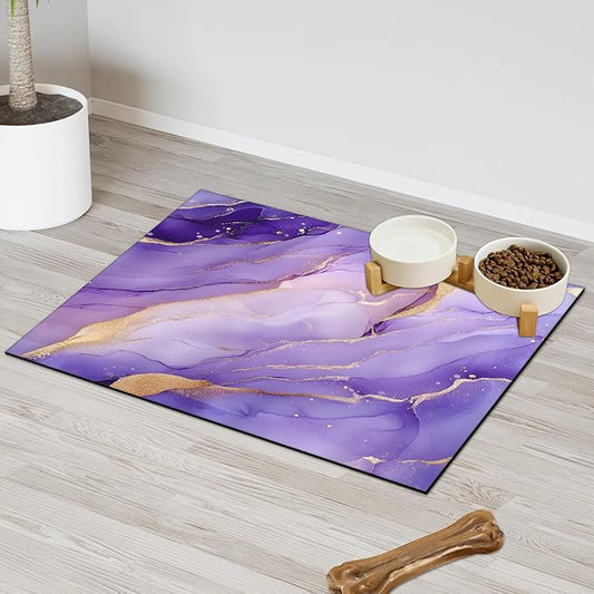 Purple Marble Dog Food Mat for Floors Absorbent, Quick Dry Water Dispenser Mat for Food, Water, Pet Supplies 17" x 30", Gold Purple Abstract