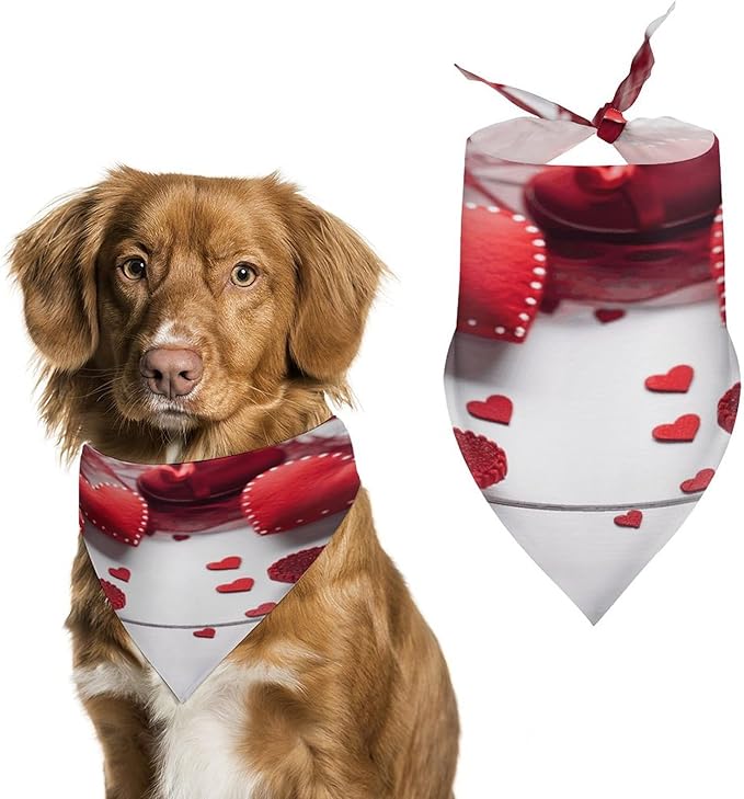 Dog Bandana Spring Pet Scarf Adjustable Triangle Handmade Red Hearts Printing Dog Bib Washable Polyester Puppy Bandana for Small Medium Large Dogs Cat Birthday Party Supplies