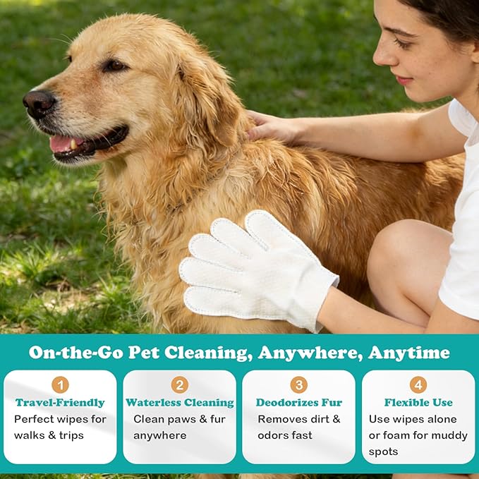 Pet Glove Wipes for Dogs & Cats, Travel-Friendly, with No-Rinse Foam Mousse for Enhanced Cleaning & Deodorizing, Extra Thick Hypoallergenic Design, Ideal for Large & Playful Puppies