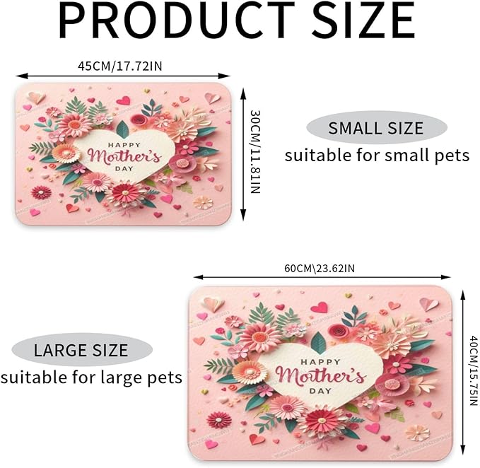 Dog Food Mat Happy Mother's Day Pink Floral Gift for Mom Ky Absorbent Water Bowl Mats Cat Pet Feeding Placemats 24x16In