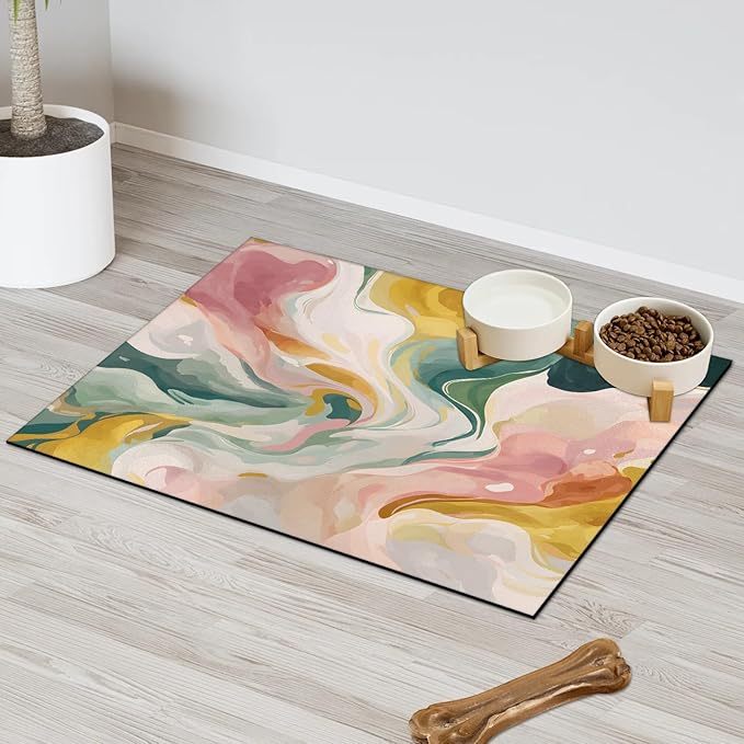 Watercolor Marble Dog Food Mat for Floors Absorbent, Quick Dry Water Dispenser Mat for Food, Water, Pet Supplies 17" x 30", Abstract