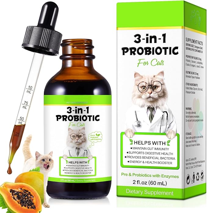 Probiotic for Cats, Natural 3 in 1 Cat Probiotic Drops Helps to Relieve Diarrhea, 60ml for Cats of All Ages, Supports Gut Health, with Digestive Enzymes & Prebiotics Liquid Supplement