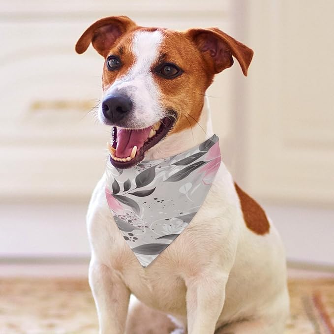 Dog Bandana Spring Pet Scarf Adjustable Triangle Pink Flowers and Leaves on Gray Printing Dog Bib Washable Polyester Puppy Bandana for Small Medium Large Dogs Cat Birthday Party Supplies