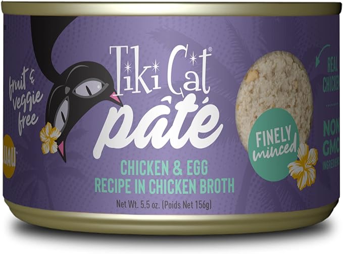 Tiki Cat Luau Pâté, Chicken and Egg Recipe in Chicken Broth, Grain-Free Balanced Nutrition Wet Canned Cat Food, for All Life Stages, 5.5 Oz. Cans (Pack of 8)