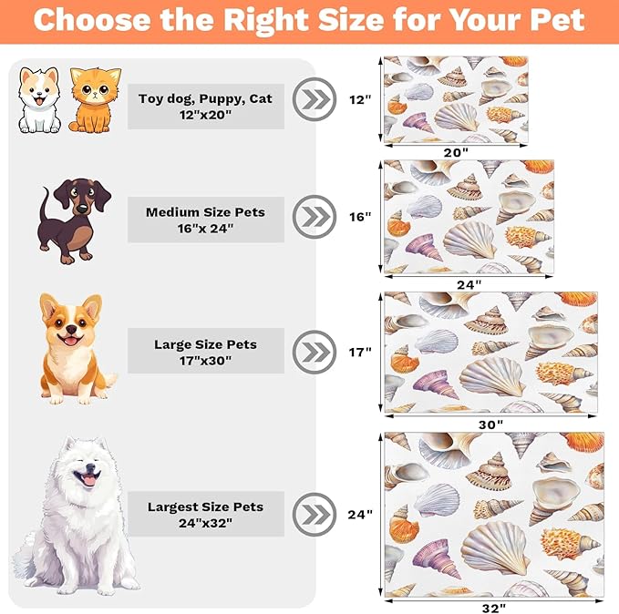 Seashell Dog Food Mat for Floors Absorbent Dog Bowl Mat for Food and Water Dispenser Quick Dry Cat Food Placemat Pet Supplies 17" x 30", Coastal Beach
