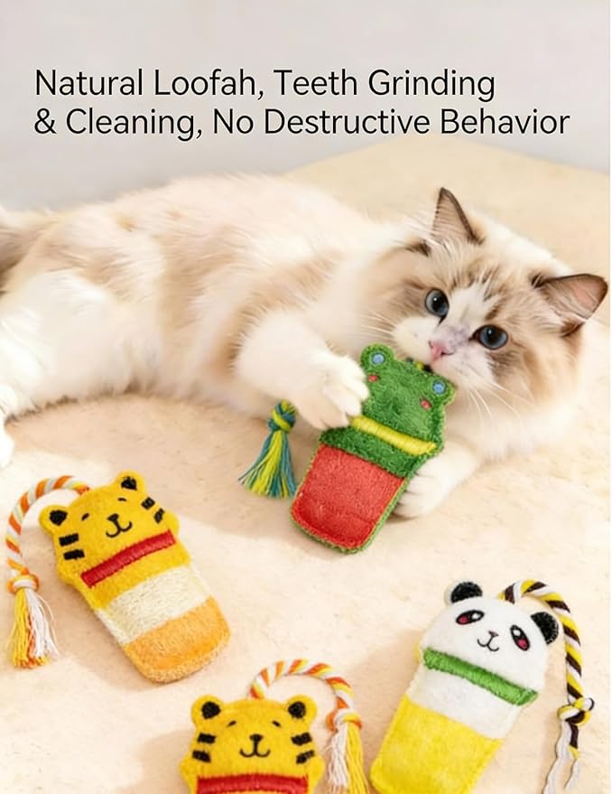 Cute Animal Shaped Natural Loofah Cat Chew Toys, Bite Resistant Teething Toys with Catnip & Silvervine for Kittens, Dental Care Pet Supplies for Cats & Small Dogs
