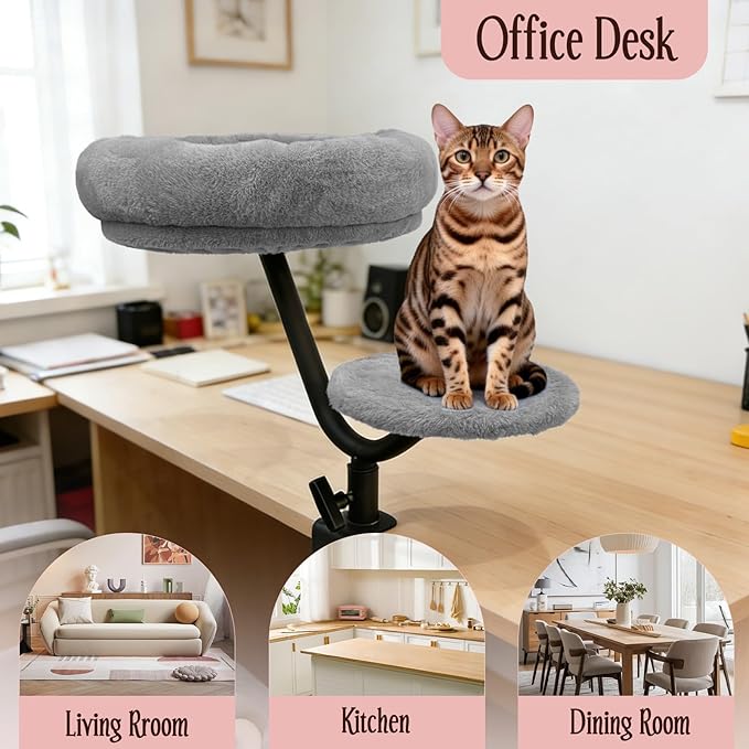 Cat Desk Bed, Desk Cat Bed Attachment for Indoor Cats, 360° Swivel Clamp-on Cats Perch with 40lbs Support, Sturdy Plush Resting Spot for Home Office,Gray