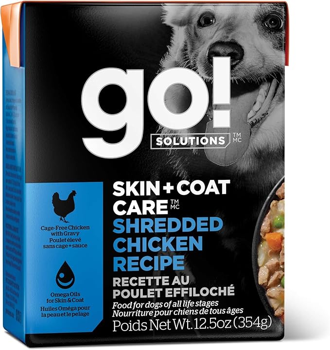 Go! Solutions Skin + Coat Care, Wet Dog Food, Shredded Chicken Recipe with Grains for Sensitive Skin, 12.5 oz (Pack of 12)