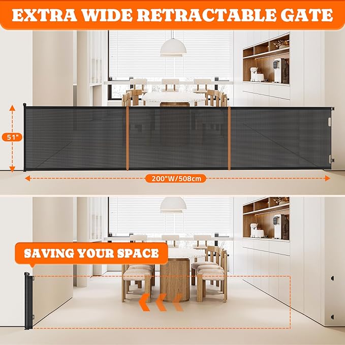 Pawtners Retractable Baby Gates Extra Wide, Dog Gate Indoor with Cat Door for Stairs, Pet Gate with Support Rods for Doorways Hallways Indoor & Outdoor,51" Tall x 200" Wide