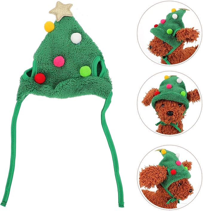 Dog Christmas Hat and Xmas Pet Hat with Pom-poms, Small Size Green Holiday Party Costume for Cats and Dogs, Festive Pet Supplies for Seasonal Celebration