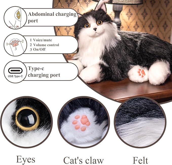 Interactive Companion Robot Cat Pets, Black Cat Stuffed Animals with Small Scarf, Emotional Support Plush with Voice Response, Realistic Heartbeat, Purring Sounds, Volume Control, Rechargeable