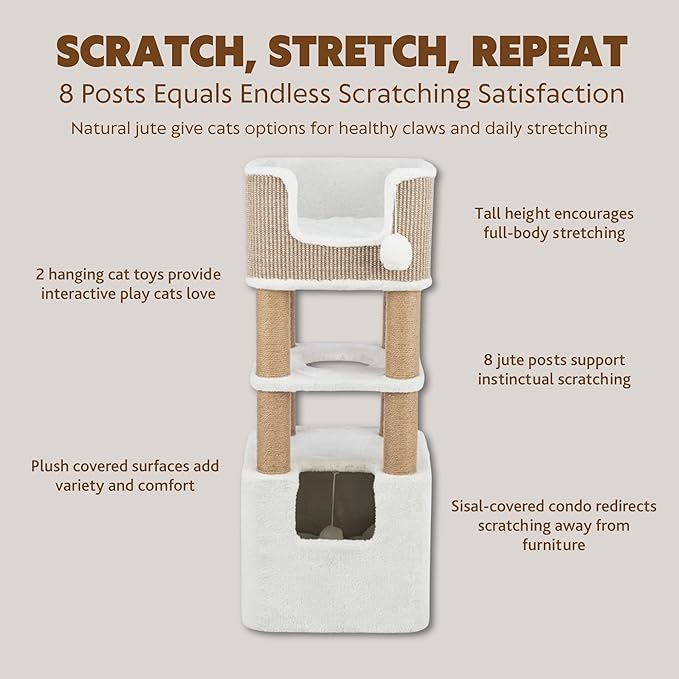 Trixie Lucano Cat Tree, 39.8-in Cat Tower with 8 Jute Scratching Posts & Plush & Sisal Covered Condo, Sturdy Base, Interactive Pom-Poms, Indoor Furniture for Climbing & Relaxation, Brown