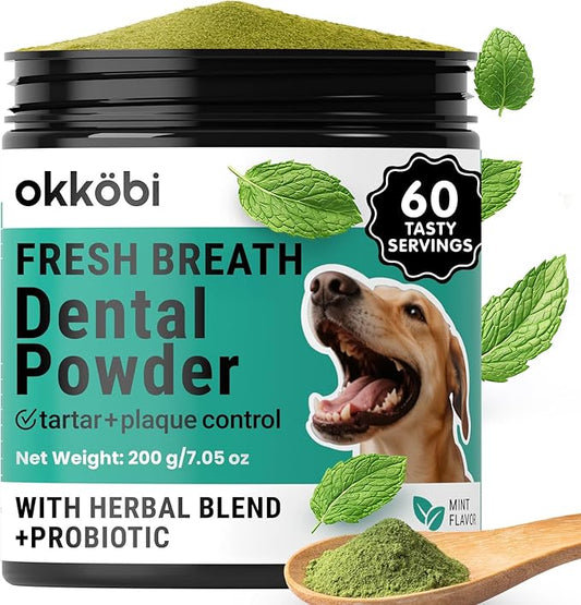 Dog Teeth Cleaning Powder - Dog Breath Freshener + Dental Care for Doggies & Cats + Tartar Remover for Teeth with Natural Ingredients + Probiotics Blend (Mint - 200g)
