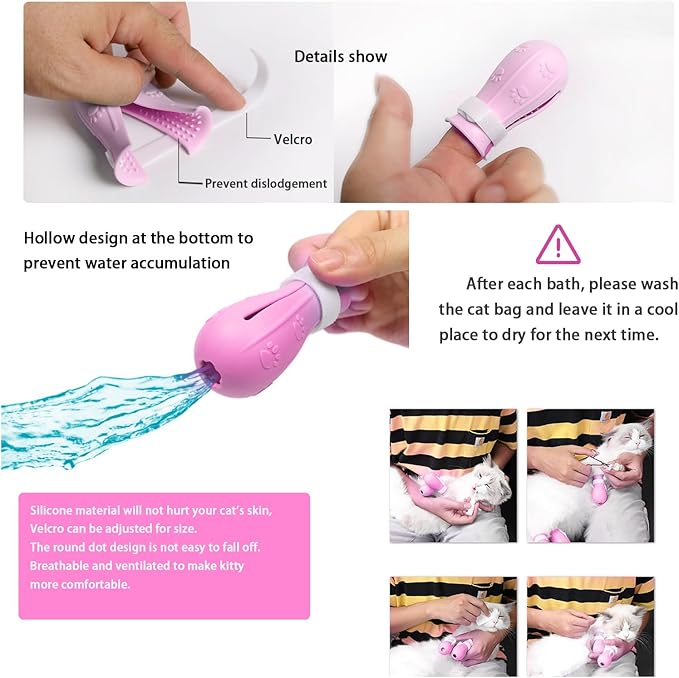 Anti-Scratch Silicone Cat Shoes, Adjustable Multifunctional Anti-Bite Shower Net Bag, Cat Grooming Mesh Bag, Pet Medical Shoes (Pink)
