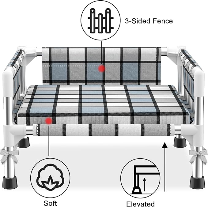 Elevated Raised Outdoor Dog Bed - Cooling Washable Dog Cot with Guardrail, Durable & Breathable Cotton Mesh Pet Hammock Beds with Stainless Steel Pipe Frame for Small Pets (Cushion-S)