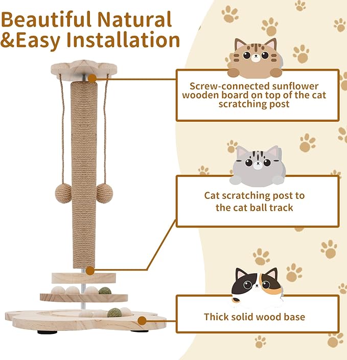 4-in-1 Wooden Cat Scratcher Toy,Cat Scratching Post&2-Level Track Tower With 8 Balls&2 Sisal Ball&2 Cat Wand Toy,Indoor Cat Activity Center For Cats Of All Ages And Body Types (11.8"L x 11.8"W x 19"H)