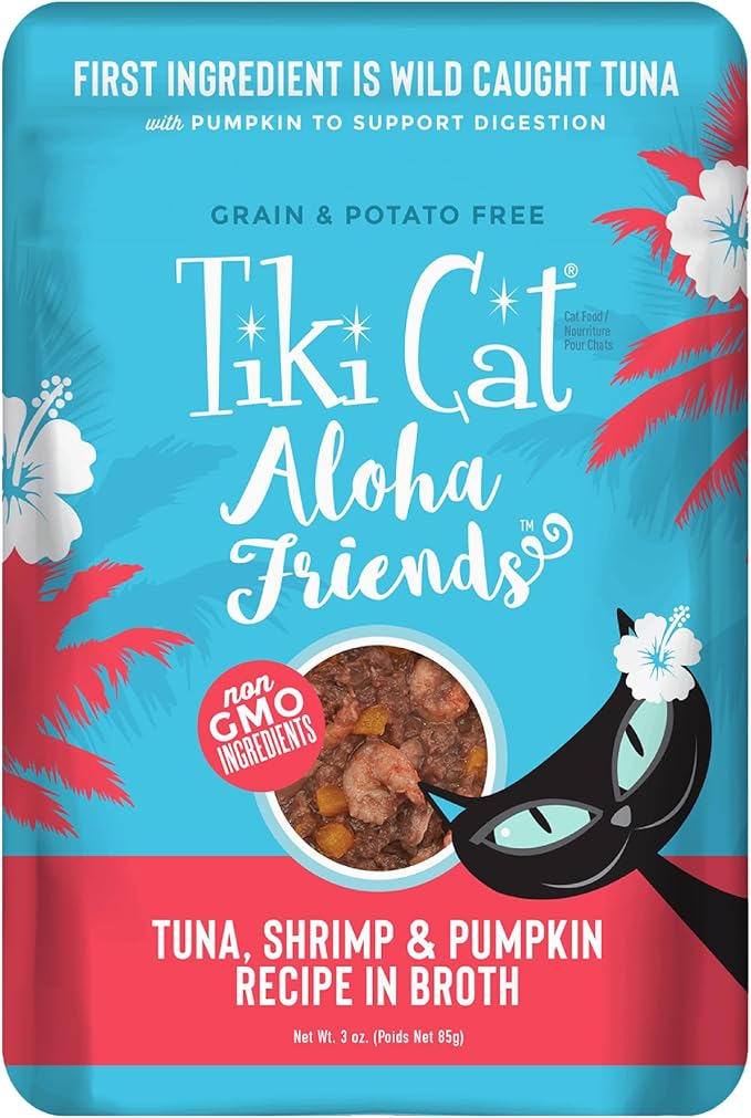 Tiki Cat Aloha Friends Grain-Free, Low-Carbohydrate Wet Food with Flaked Tuna for Adult Cats & Kittens, 3oz pouch, 12pk, Tuna, Shrimp & Pumpkin