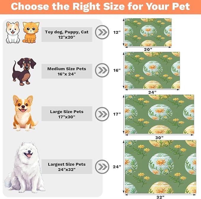 Happy Easter Dog Food Mat for Floors Absorbent Dog Bowl Mat for Food and Water Dispenser Quick Dry Cat Food Placemat Pet Supplies 16" x 24", Floral Eggs