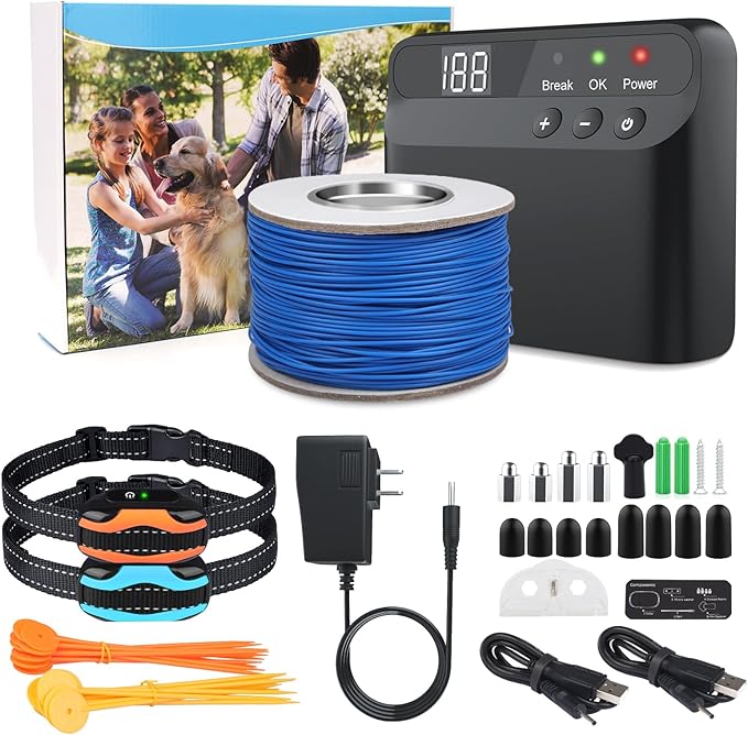 PcEoTllar Electric Fence for Dogs, Electric Dog Fence System, 2 Water Resistant Collar Receiver, with 656Ft Underground/Aboveground Boundary Wire, for Small Medium Large Dogs