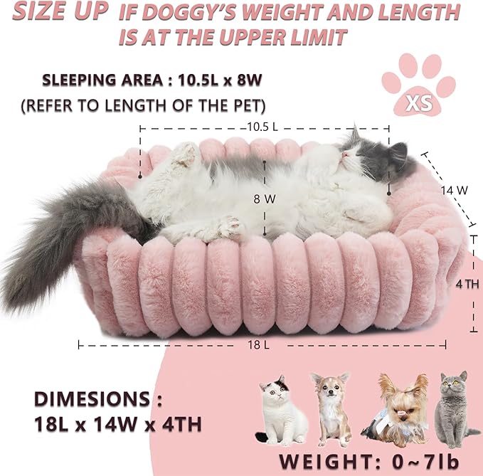 Pink Doggie Beds for Extra Small Dogs Washable,Rectangle Tiny Pet Bed With Sides for Puppy and Kitten,Soft Plush Calming Couch Sofa,Comfy Fluffy Cute Cat Beds for Indoor Cats,Anti-Slip,18x14x4 Inches