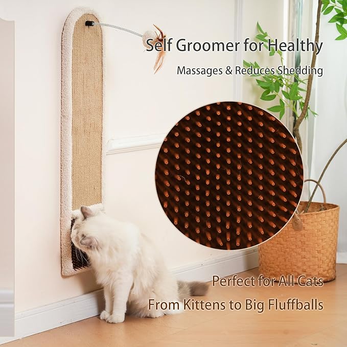 28" Wall Mounted Cat Scratcher for Indoor Cats – Vertical Sisal Cat Scratching Board with Self-Grooming Brush & Hanging Toy, Space-Saving Cat Wall Furniture, No-Drill Adhesive or Screw Mount