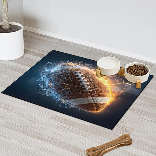 Sports Rugby Dog Food Mat for Floors Absorbent, Quick Dry Water Dispenser Mat for Food, Water, Pet Supplies 12" x 20", Lightning Football