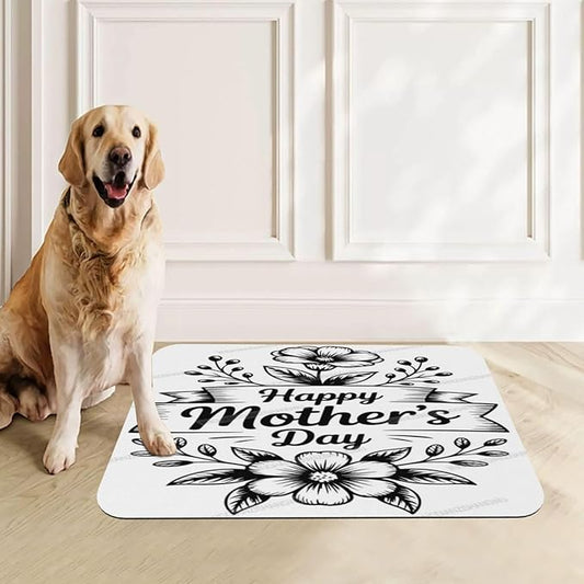 Pet Feeding Mat White Happy Mother's Day Floral Gift Mom EU Absorbent Pet Placemat for Food Water Bowl with Waterproof Rubber Backing 18X12In Quick Dry Water Dispenser Mat for Dog Cat