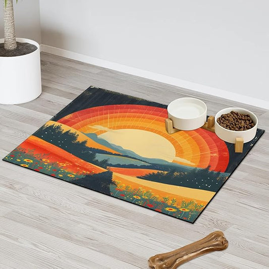 Sun Dog Food Mat for Floors Absorbent, Quick Dry Water Dispenser Mat for Food, Water, Pet Supplies 24" x 32", Wildflower