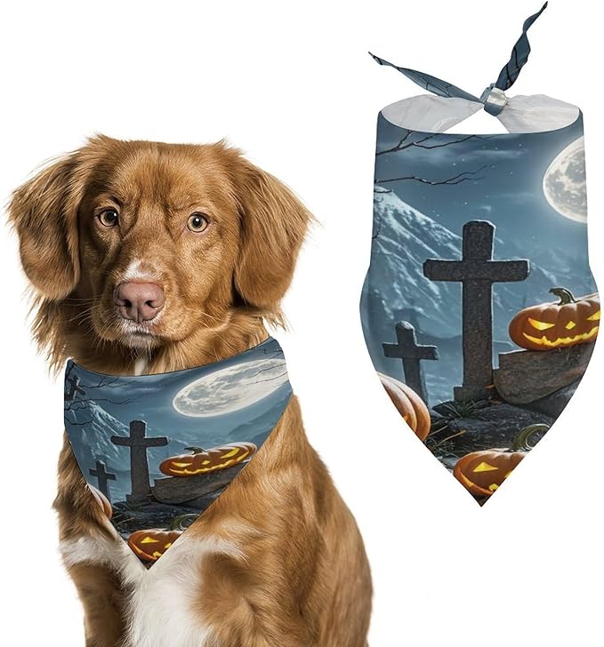 Dog Bandana Spring Pet Scarf Adjustable Triangle Cemetery Pumpkin Lantern Printing Dog Bib Washable Polyester Puppy Bandana for Small Medium Large Dogs Cat Birthday Party Supplies