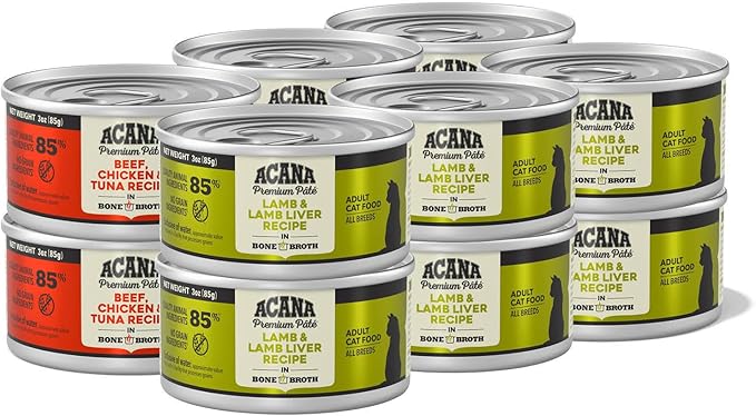 ACANA Premium Pate Wet Cat Food in Bone Broth Variety Pack: Beef Chicken & Tuna + Lamb 3oz Cans (12 Count, 6 of Each)