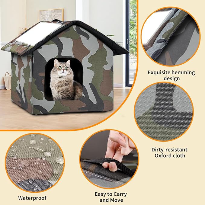 Cat House for Outdoor Cats, Weatherproof Feral Cat House with Mat and Doors, Easy to Put Together, Collapsible Warm Pet Nest Kitty Shelter for Winter, Never Blow Away