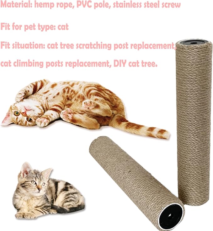 2Pcs M10 Cat Tree Replacement Post - Cat Scratching Post Replacement Pole DIY M10 Bolt Sturdy Cardboard Tubes Natural Jute Rope Screws Included (2.4 * 15.7")