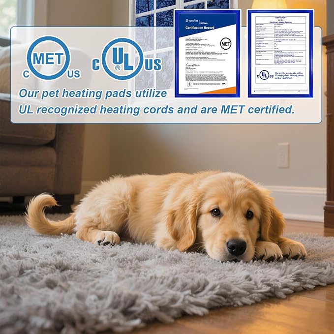 Cat Heating Pad 19x18 in with Smart Thermostat Switch and Power Line Protection Tube,Obtained MET and UL Dual Certification,Waterproof Pet Heating Pad for Cats, Long Velvet Cloth Cover